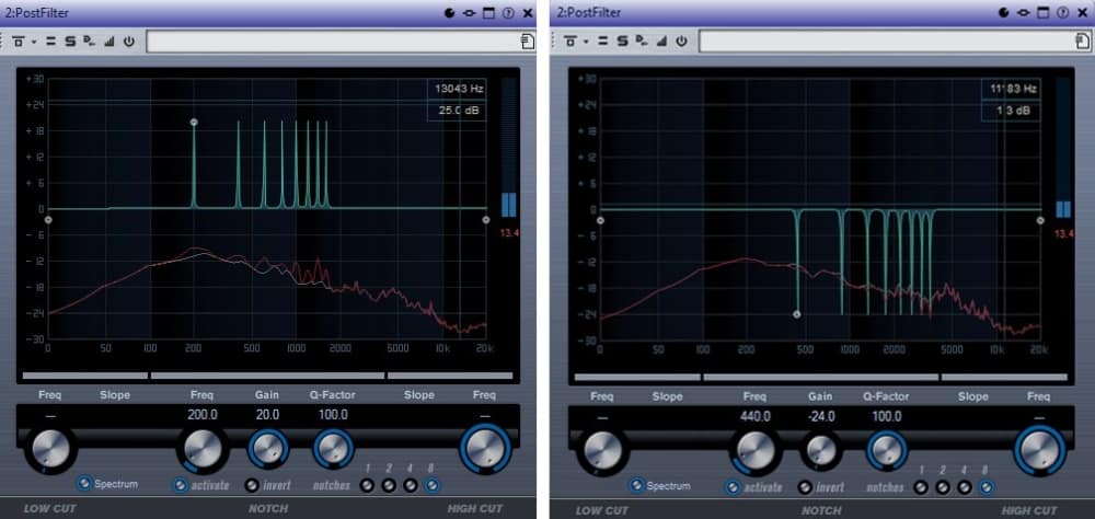 A digital equalizer adds and removes a tone to broadband noise in 2 scenarios.