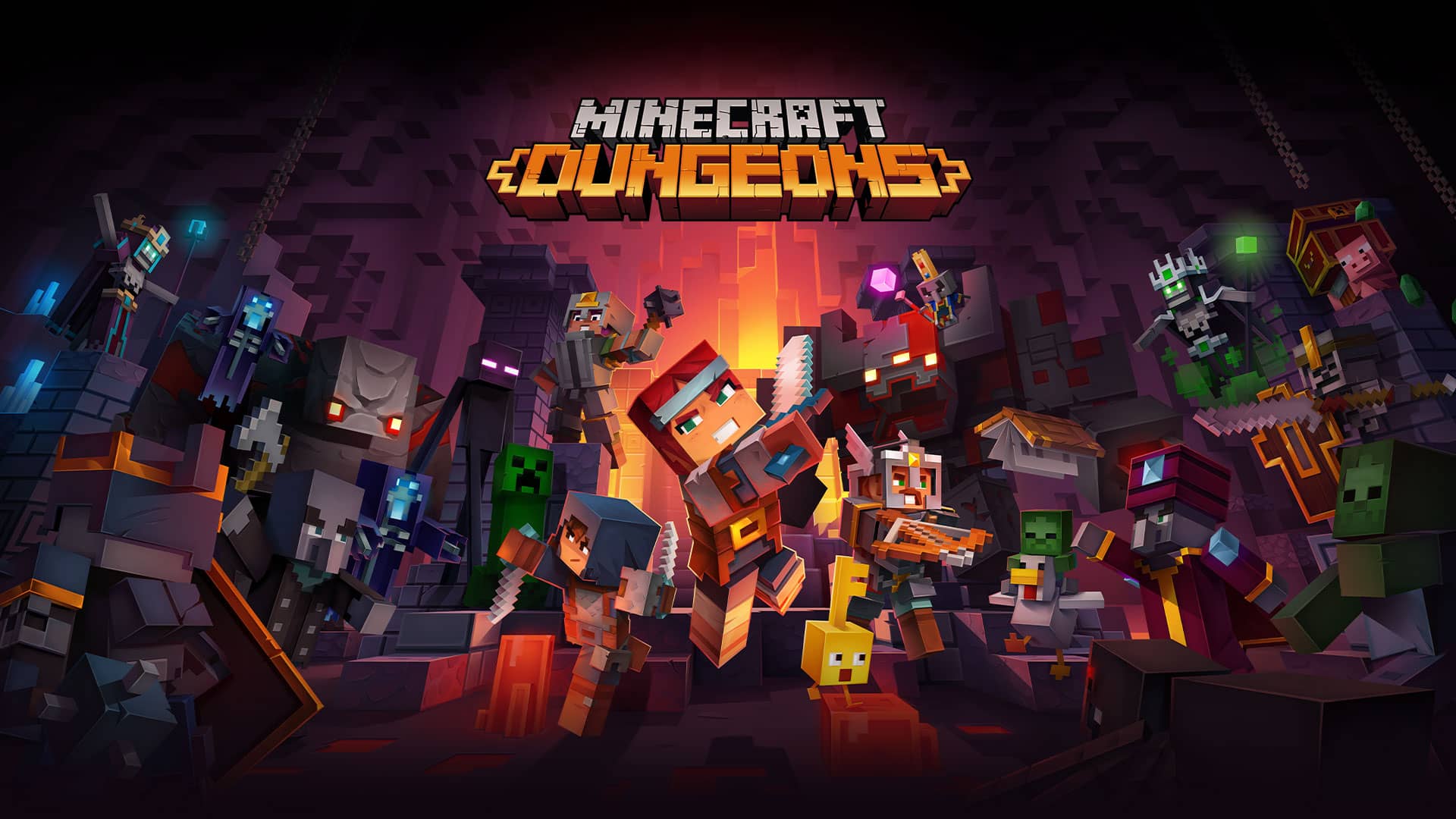 Characters from Minecraft Dungeons approach with action