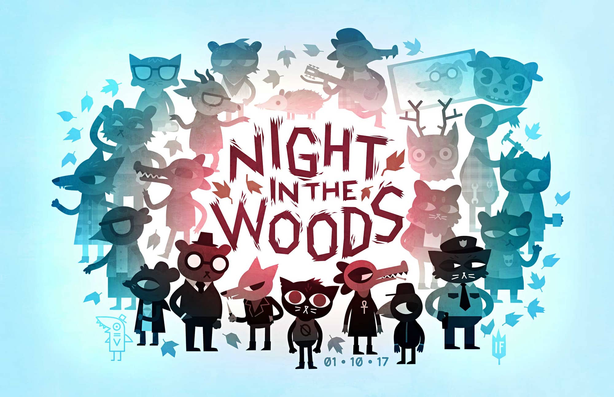 Cartoon animals stand in a cirle around the words A Night in the Woods