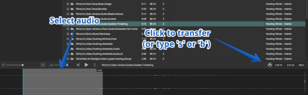 Select audio. Click to transfer or type s or b.