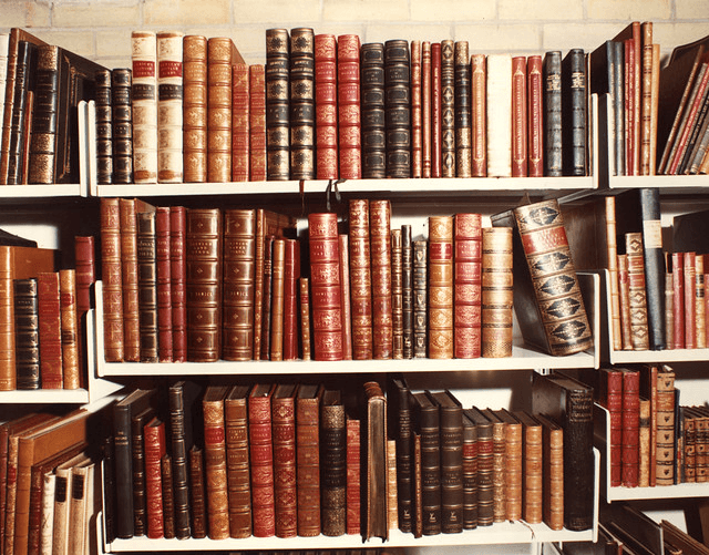 A shelf of hard cover books