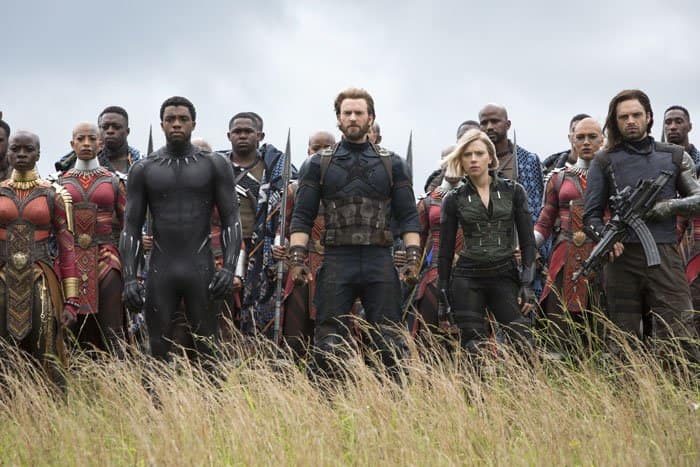 Black Panther, Black Widow, Winter Soldier, and the Dora Milaje and others stand prepared for war in a field.