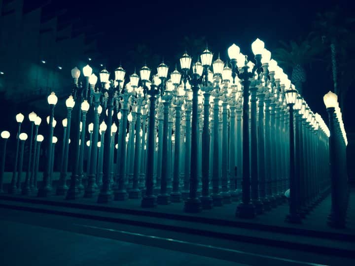 Hundreds of street lights are aligned in an unnatural fashion.