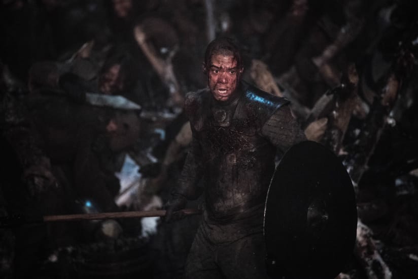 Greyworm, bloodied, fights a swarm of wights.