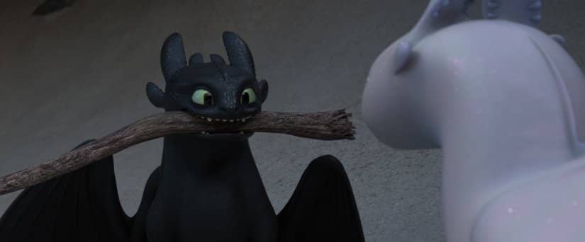 A black dragon holds a tree branch in his mouth like a dog for a white dragon.