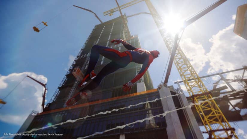 Spider-Man flies across a NYC skyscraper construction site.