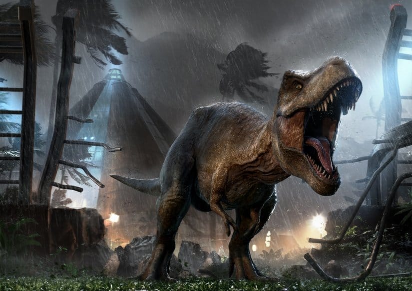A T. rex roars during on monsoon in Jurassic World
