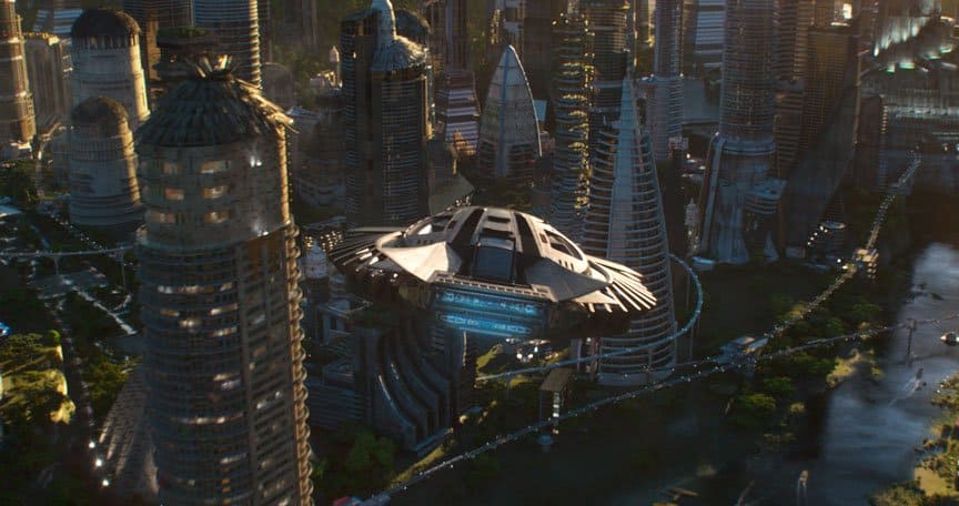 The Royal Talon Fighter soars above the skyscrapers.