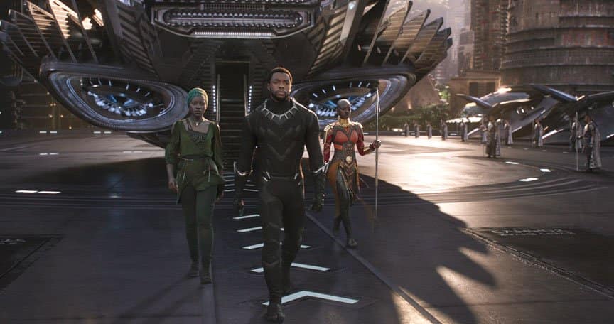 Black Panther and two of his cohorts arrive off the Royal Talon Fighter.