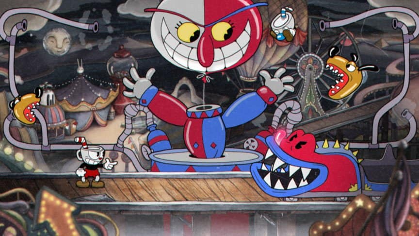 Cuphead faces evil pointy-toothed fairgrounds rides