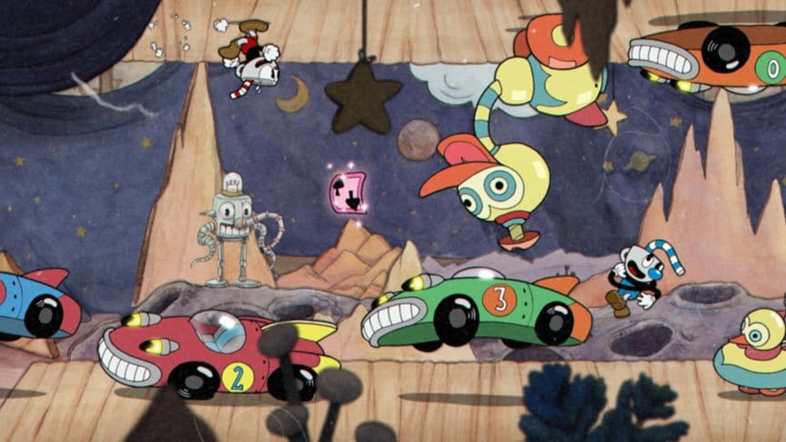 Cuphead runs across the ceiling as toy cars and ducks charge at him