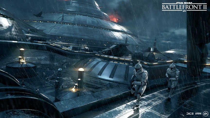 Stormtroopers run in the rain in a facility on Kamino