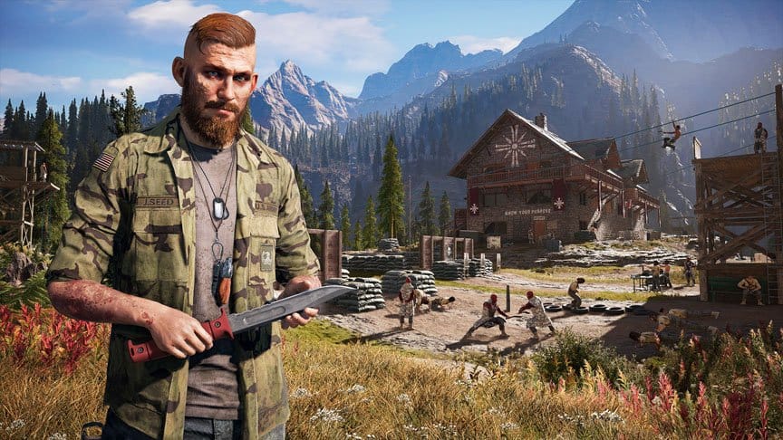 An in-game screen shot shows a man with dog tags and a Bowie knife in front of a rowdy group in rural Montana.