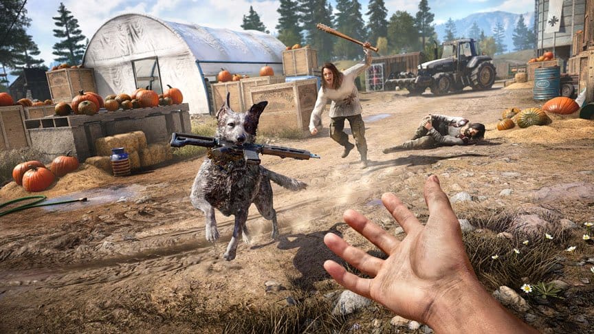 A dog arrives to the player with a rifle in its mouth as a woman with a raised bat follows closely behind.