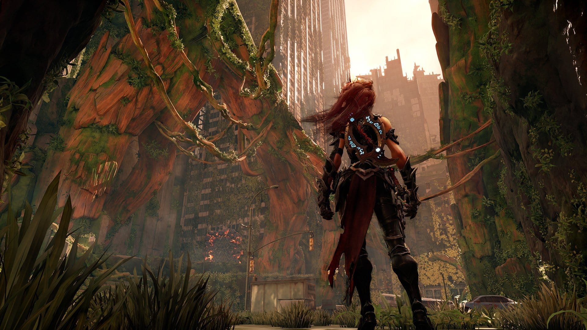 Fury looks upon city skyscrapers overtaken by vines and grass.