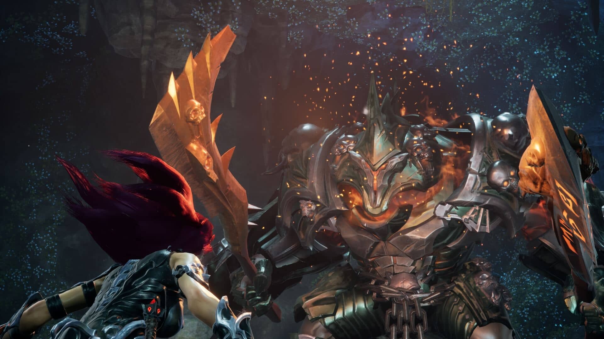 Fury braces to battle Wrath, a massive firey being in black armor.