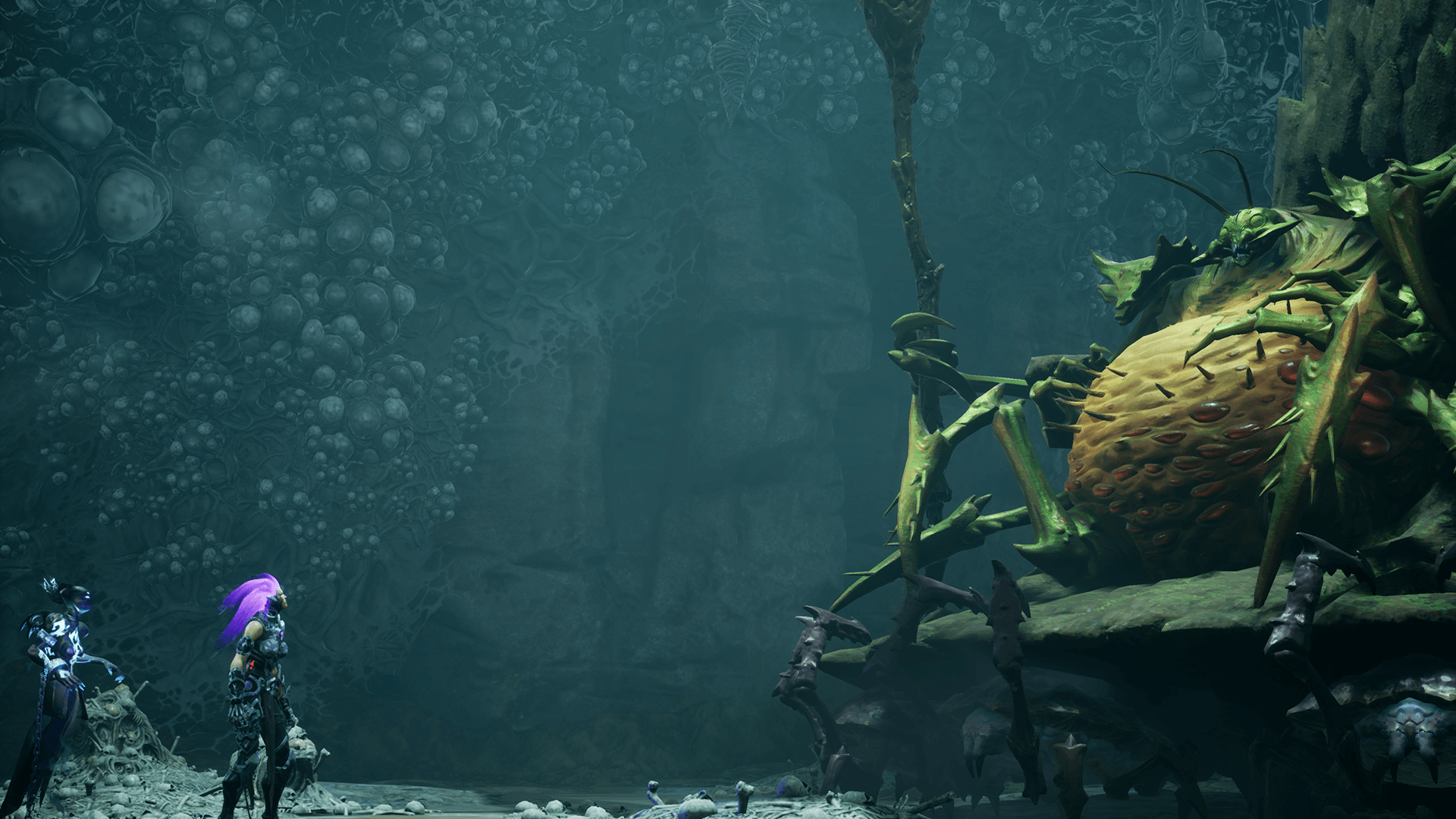 Fury stands in a creepy cave in front of Gluttony, a large-bellied insect on a throne.
