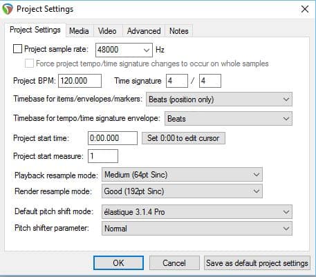 Reaper project settings