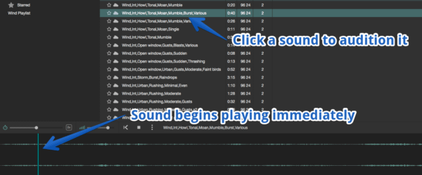 Click a sound to audition it. Sound begins playing immediately.