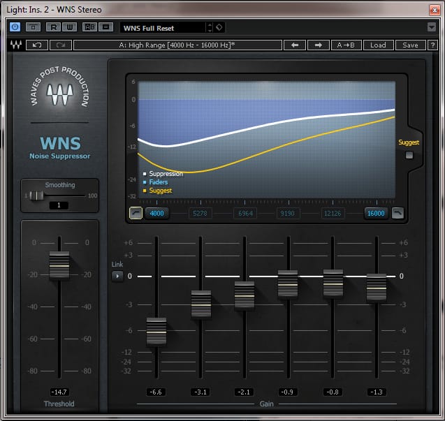 Waves WNS Noise Suppressor settings