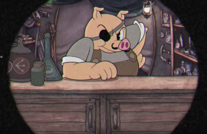 A gruff pig with an eye patch stands behind a sales counter