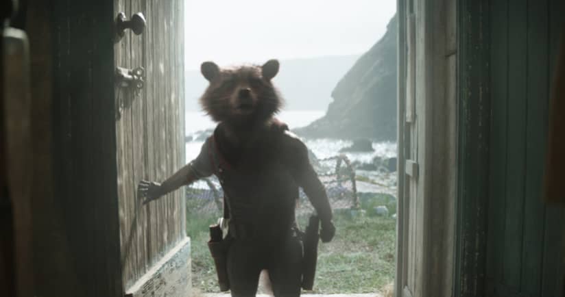 Rocket walks into a building on a rocky shore 