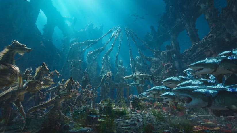 Sharks and seahorses face off in an underwater battle.