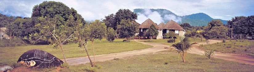 A small village tucked away in the rolling hills and trees.
