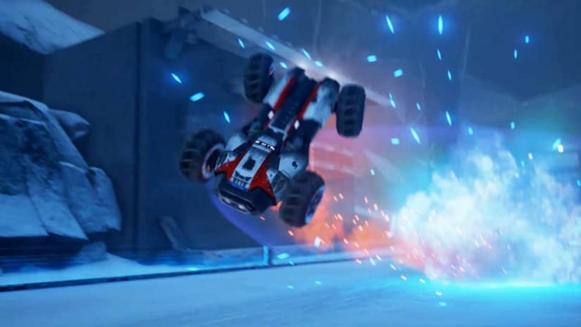 A vehicle flips from the impact of a blue explosion.