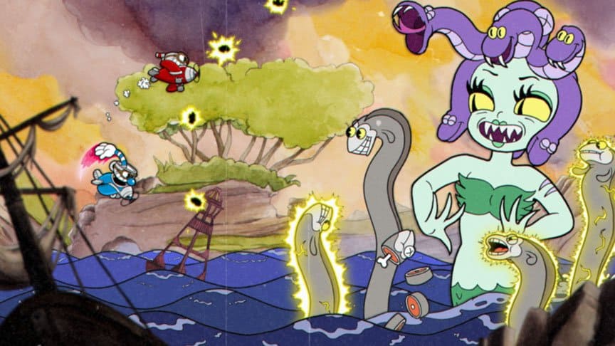 A mermaid turns green and has purple Medusa-like snakes for hair