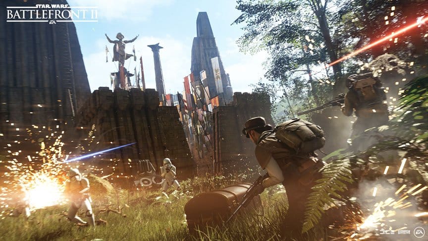 Rebel soldiers and Stormtroopers fire at each other on Takodana