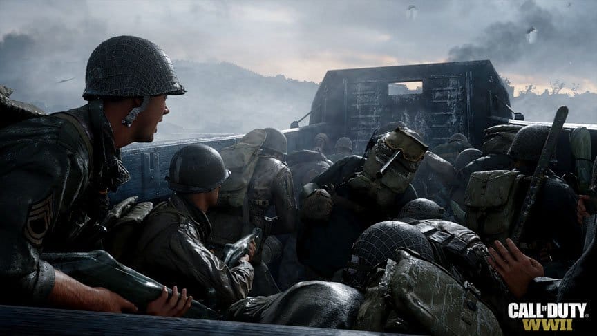 Soldiers prepare for battle on a boat heading to Normandy beach.
