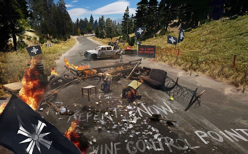 The Eden’s Gate checkpoint sits in flames as religious flags hang high.