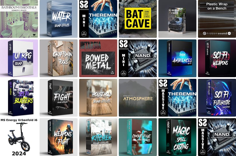 24 great new sound libraries: Bat caves, combat weapons, fierce Mustangs, kitchen objects, workshop tools, lots of new ambiences, and more