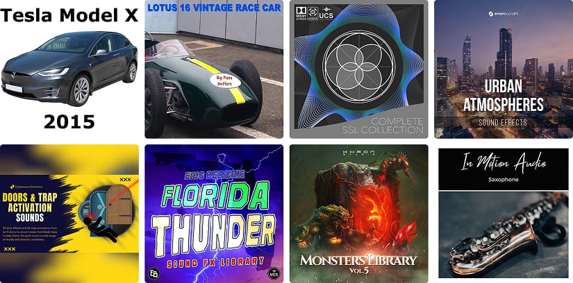 8 great new sound libraries: Floridian thunderstorms, trap activations, in-depth saxophones, unique monster vocalizations, ’50s race cars, and a ’15 Tesla Model X